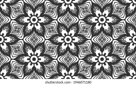 Retro abstract flower seamless pattern. Wrapping paper flat botanical design. Textile herbal ornament. Monochrome ornate background. Lace elegant fabric decor. Vintage geometric foliage backdrop