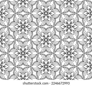 Retro abstract flower seamless pattern. Wrapping paper flat botanical design. Textile herbal ornament. Monochrome ornate background. Lace elegant fabric decor. Vintage geometric foliage backdrop