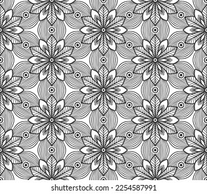 Retro abstract flower seamless pattern. Wrapping paper flat botanical design. Textile herbal ornament. Monochrome ornate background. Lace elegant fabric decor. Vintage geometric foliage backdrop