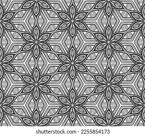 Retro abstract flower seamless pattern. Wrapping paper flat botanical design. Textile herbal ornament. Monochrome ornate background. Lace elegant fabric decor. Vintage geometric foliage backdrop