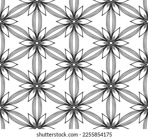 Retro abstract flower seamless pattern. Wrapping paper flat botanical design. Textile herbal ornament. Monochrome ornate background. Lace elegant fabric decor. Vintage geometric foliage backdrop