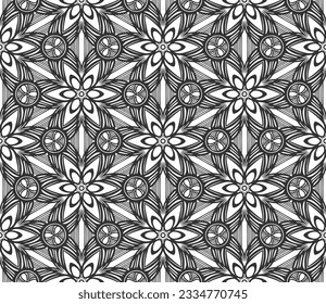 Retro abstract flower seamless pattern. Wrapping paper flat botanical design. Textile herbal ornament. Monochrome ornate background. Lace elegant fabric decor. Vintage geometric foliage backdrop