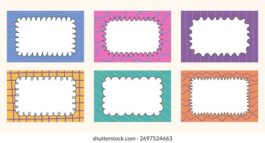 Diseño de Vector de marco abstracto retro. Plantillas de borde ondulado estilo minimalista. Fondo de marco geométrico colorido. Formas de borde funky dibujadas a mano