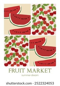 Cartel abstracto retro del mercado de frutas. Arte de pared de moda con sandías y cerezas. Diseño interior estupendo para las impresiones de la pared.