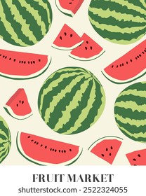 Retro abstract Fruit market poster - trendy watermelon groovy vector illustration.