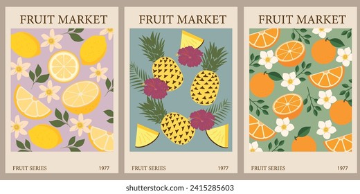 Retro abstract Fruit Market  posters. Trendy  gallery wall art with pineapple, lemon, orange. Modern naive groovy funky interior decorations, paintings. Vector art illustration