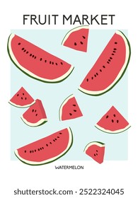 Retro abstract fruit market watermelons poster. Trendy wall art design with tropical summer watermelon slices. Vector illustration.