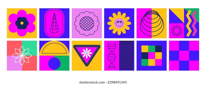 Retro abstract futuristic shapes, patches, badges. Sticker pack. Modern playful geometry, elements, flowers, smiles, line art, checkered board. Y2k, 70s, 80s, 90s vintage aesthetic. 