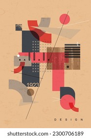 Retro abstract geometric background. The poster with the flat figures. Vector illustration. Poster design Bauhaus style. Geometric pattern background, vector circle, triangle and square lines art.