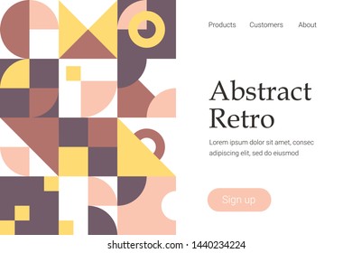 Retro abstract geometric design. Landing page template with geometric pattern. Colorful circles, squares, rhombuses and other shapes. Vector illustration.