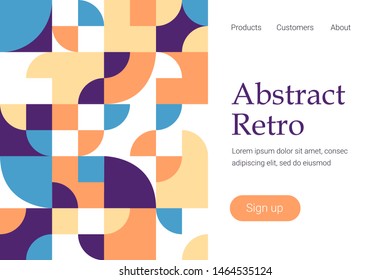 Retro abstract geometric design. Landing page template with geometric pattern. Colorful circles, squares, rhombuses and other shapes. Vector illustration.
