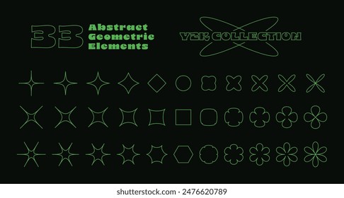 Elementos geométricos abstractos retro en estilo y2k. Colección de Elementos lineales futuristas de estrellas, flores, círculo, cuadrado y hexágono en color verde ácido. Ilustración vectorial.