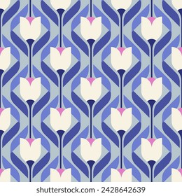 Retro abstract geometric flower and leaf seamless pattern background.