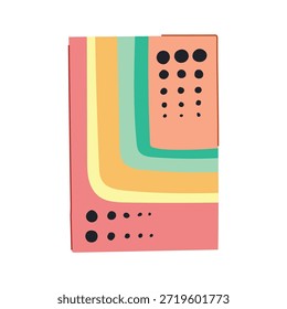 Retro abstract geometric illustration presenting a playful design with pastel colored curved stripes and black dots, evoking a nostalgic 70s aesthetic