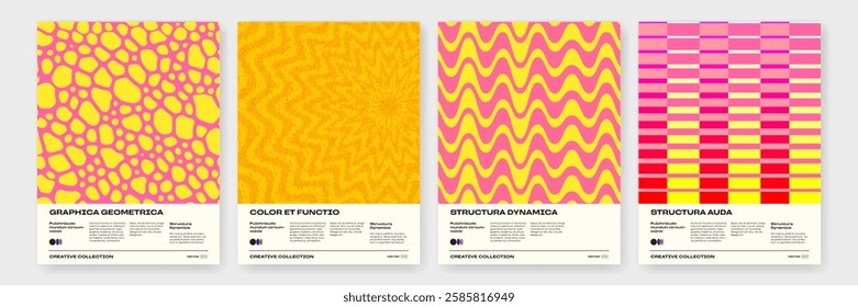 Retro abstract geometric pattern backgrounds with circle, triangle and square shapes. Vector trendy bauhaus pattern backgrounds with op art design