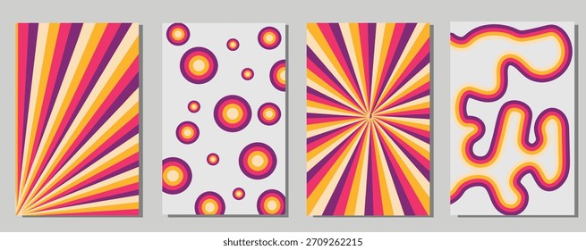 Retro Abstraktes geometrisches Poster Set in leuchtendem Rosa, Orange und Gelb - Vintage Sunburst, Circle Pattern und Wavy Line Background Designs für Wandkunst, Druckgrafiken und Grafikprojekte
