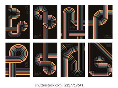 Retro abstract geometric posters, 70s striped backgrounds. Linear vintage 1970s halftone texture flat vector background set. Vintage color backdrops