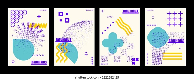 Retro abstract geometric posters with Bauhaus aesthetic, Collection of symbols, shapes and objects in  Brutalism bold style.	
