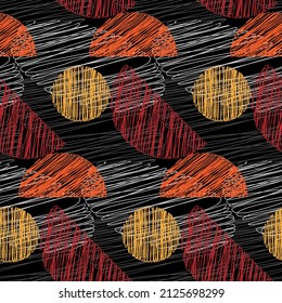 Retro abstract geometric seamless pattern. Scribbled geometric shapes of orange, yellow, gray, red and white on black background. Stylized citrus friut ornament, slices of lemon, orange, grapefruit