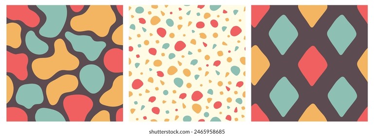 Retro Abstract Geometric Shape Seamless Patterns Set. Vintage colorful backgrounds collection with dots spots rhombus. 60s nostalgic decorative textures. Vector illustration