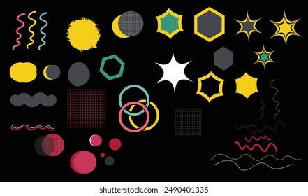 In: Retro Abstract Geometric Formens and Grids. Brutale zeitgenössische Figur Stern ovale Spirale f und andere primitive Elemente. Schweizer Designästhetik. Bauhaus Memphis Design.