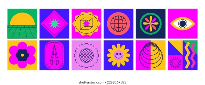 Retro abstract geometric shapes, patches, badges. Sticker pack. Trendy graphic futuristic elements, flowers, line art, eyes. Y2k, 70s, 80s, 90s vintage aesthetic. Playful geometry set.