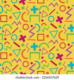 Retro abstract geometric shapes seamless pattern in pink, purple , blue ,green and red on yellow background designed in 80s Memphis style. For retro posters, gift wrapping paper and 90s themed parties