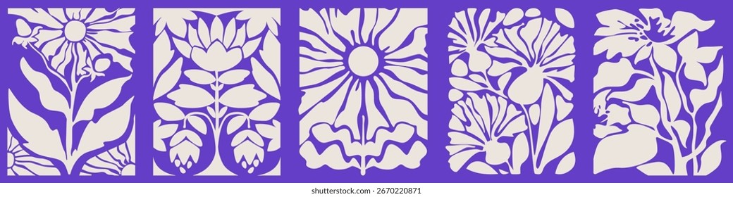 Composición retro abstracta de hojas groovy con paneles botánicos - siluetas florales blancas en diseño de cuadrícula púrpura. Gráficos de naturaleza inspirados en los años setenta para Fondo de pantalla vintage o diseños textiles decorativos.