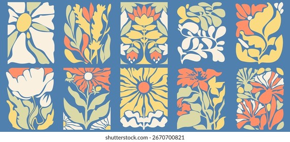 Retro abstrato groovy folhas composição com painéis botânicos - silhuetas florais de cor no layout de grade. Os anos setenta inspiraram gráficos da natureza para o papel de parede vintage ou desenhos têxteis decorativos.