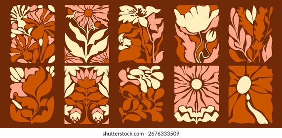 Composición retro abstracta de hojas groovy con paneles botánicos: siluetas florales cálidas en diseño de cuadrícula. Gráficos de naturaleza inspirados en los años setenta para Fondo de pantalla vintage o diseños textiles decorativos.
