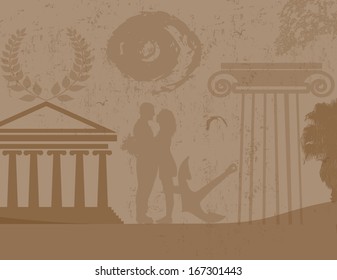 Retro abstract grunge poster with lovers and greek symbols, vector illustration