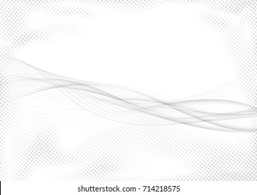Retro abstract halftone grain layout with soft smooth transparent lines background. Elegant futuristic gray swoosh wave speed stream layout template. Vector illustration