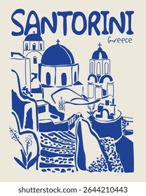 Retro abstract hand drawn santorini greece illustration print for graphic tee t shirt or vintage poster sticker postcard - Vector