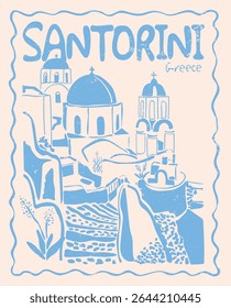 Retro abstract hand drawn santorini greece illustration print for graphic tee t shirt or vintage poster sticker postcard - Vector