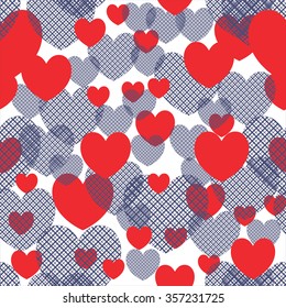 Retro abstract heart seamless pattern. Vector illustration for romantic nostalgia design. Can be used for wallpaper, cover fills, web page background, surface textures. Red and blue hearts on white.