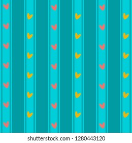 Retro abstract hearts in love pattern.  Vector illustration for romantic nostalgia design. Can be used for wallpaper, cover fills, web page background, surface textures.Red and yellow hearts on blue.