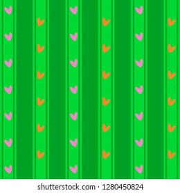 Retro abstract hearts in love pattern.  Vector illustration for romantic nostalgia design. Can be used for wallpaper, cover fills, web page background, surface textures.Pink and red hearts on green.