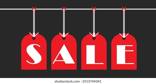 Retro abstract isolated cute thick white SALE letters on red tags with strings hanging on a row icons design elements on black background