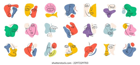 Rostros de arte de línea abstracta retro. Rostros abstractos modernos. Siluetas femeninas contemporáneas. Conjunto de tres ilustraciones vectoriales de diseño de contorno a mano. Línea continua, concepto minimalista. Colores pasteles