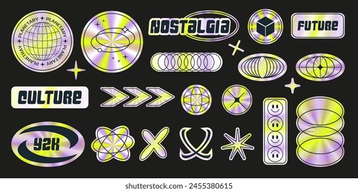 Retro Abstract Neon Holographic Y2K style sticker set. Hologram Futuristic geometric labels. Nostalgia for 2000s. Editable stroke. Vector illustration collection