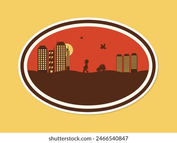 Retro abstract oval shape city at sunset time landscape vector illustration