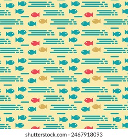 Retro abstract pattern with fishes. Sea summer pattern for print design. Seamless vector pattern. Vector background illustration.