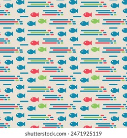 Patrón abstracto retro con peces. Patrón de verano del mar para el diseño de impresión. Patrón de Vector sin costuras. Ilustración de fondo de Vector.
