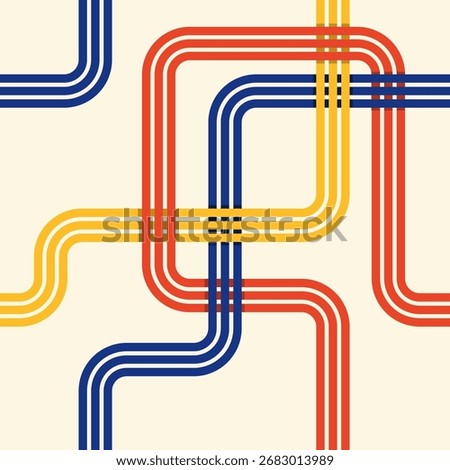 Retro abstract pattern of interconnected red, yellow, and blue striped lines on a cream background.