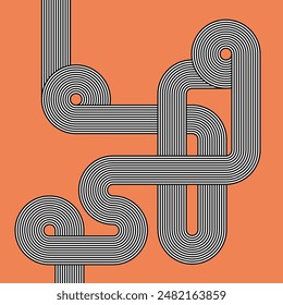 Retro abstract pattern. Orange vintage background. Black and white intertwined lines.