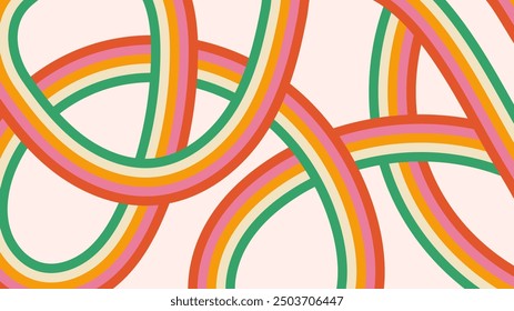 Retro abstraktes Muster mit Regenbogenfarben Streifen und Schleifen. Farbiger, grooviger Cartoon-Hintergrund.