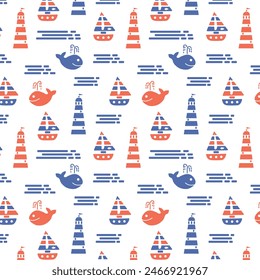 Retro abstract pattern with sea, whales, sailboat and lighthouse. Marine summer pattern for print design. Seamless vector pattern. Vector background illustration.