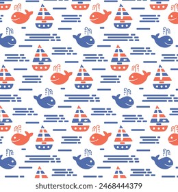 Retro abstract pattern with sea, whales and sailboat. Marine summer pattern for print design. Seamless vector pattern. Vector background illustration.