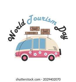 Retro abstract pink car, family bus with flower, with packages, suitcases, cases on the roof. World Tourism Day. Vector illustration for postcard, banner, web, design, arts, travel.