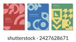 Retro abstract posters with geometric pattern of maroon, blue and green simple graphic shapes. Vector composition of square, circles, triangles and arches, trendy minimalist geometric banner templates